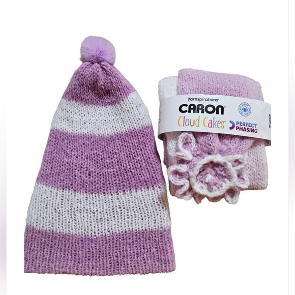 Hand Crafted 2pc Set Scaf & pom pom beanie purple crochet slauchy white striped - Picture 14 of 17